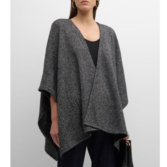 Eileen Fisher Open-Front Organic Cotton Marled-Knit Shawl-Serape, Black/White - Picture 1 of 4